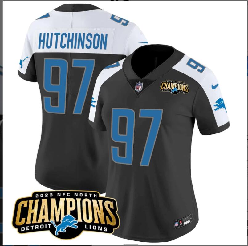 Women Detroit Lions #97 Hutchinson 2023 NFC North Champions Patch black 2024 NFL Nike jerseys
